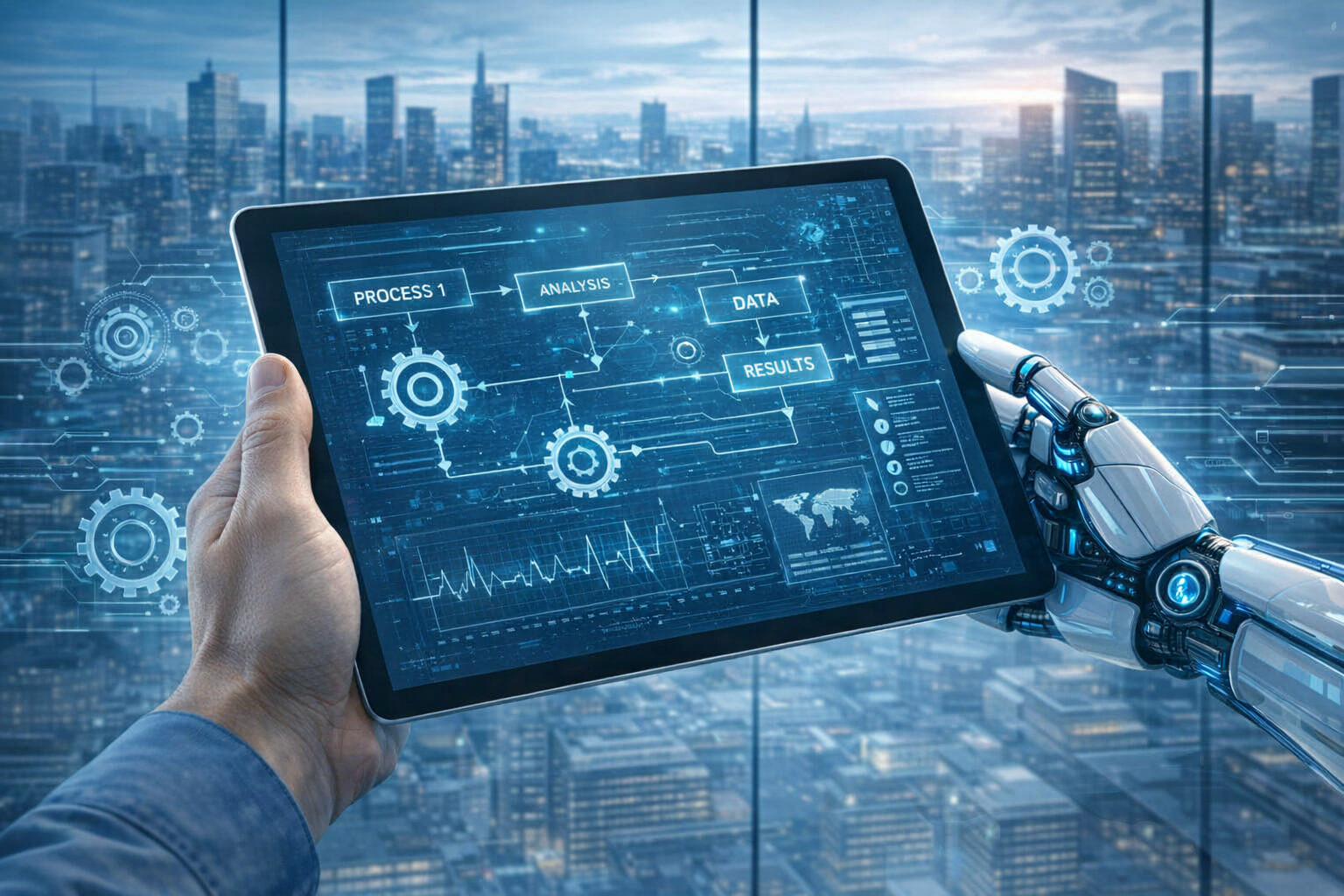Mano humana y mano robótica sosteniendo una tablet con diagramas digitales y engranajes luminosos sobre fondo de ciudad futurista.