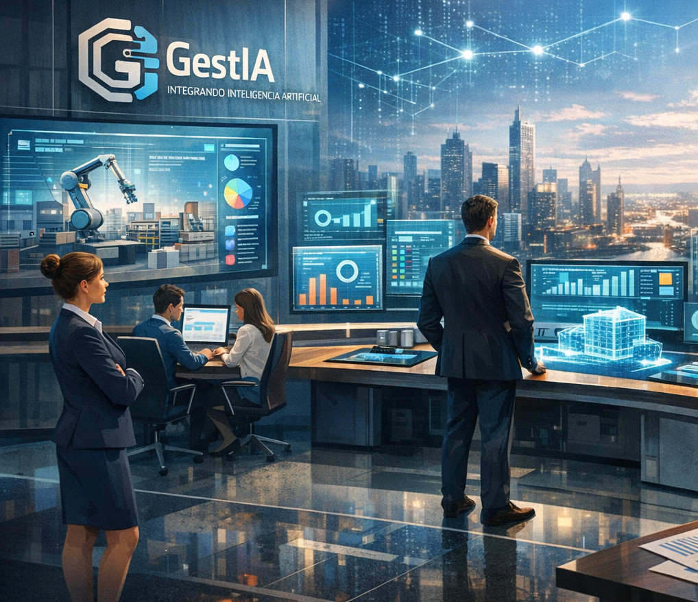 Oficina moderna y tecnológica con interfaz digital de inteligencia artificial, representando la integración de eficiencia digital y talento humano en GestIA.