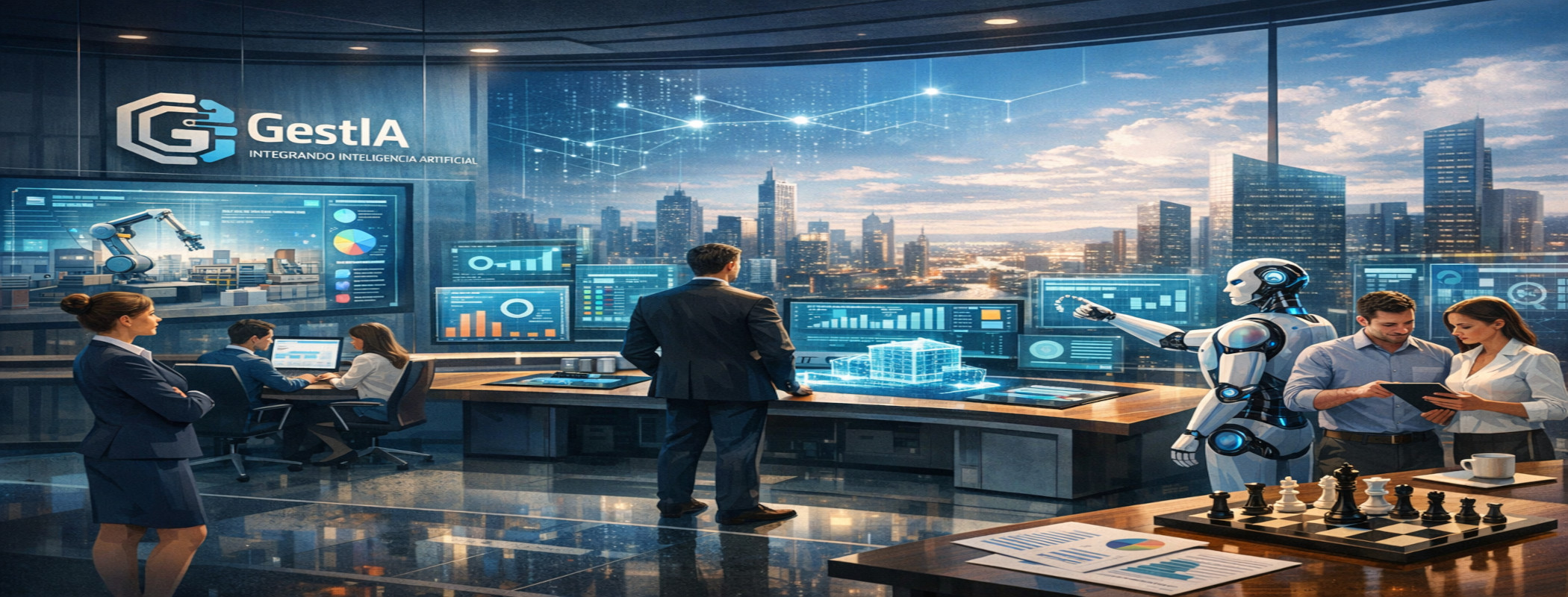 Oficina moderna y tecnológica con interfaz digital de inteligencia artificial, representando la integración de eficiencia digital y talento humano en GestIA.