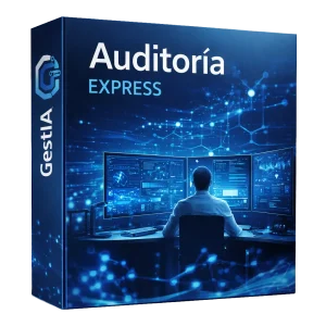 Caja del servicio Auditoría Express de GestIA que muestra a un técnico analizando pantallas con gráficos de ciberseguridad e infraestructura digital.