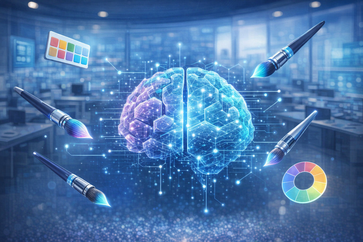 Cerebro digital brillante rodeado de pinceles y paletas de colores en una oficina moderna.