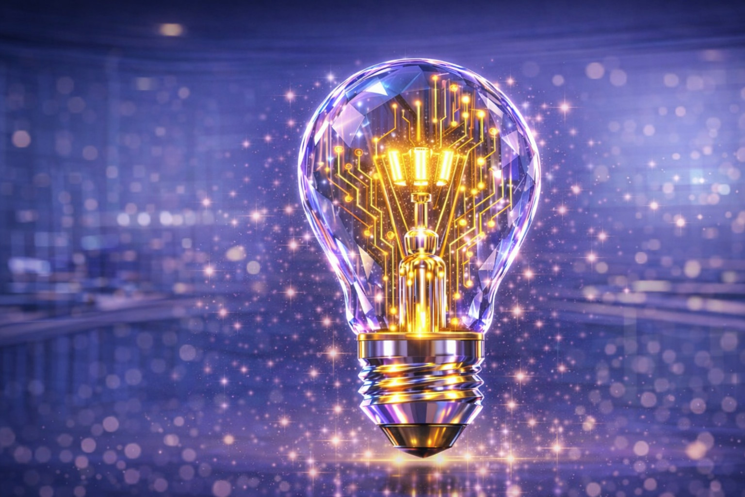 Bombilla de cristal minimalista con circuitos dorados internos sobre fondo de oficina tecnológica.